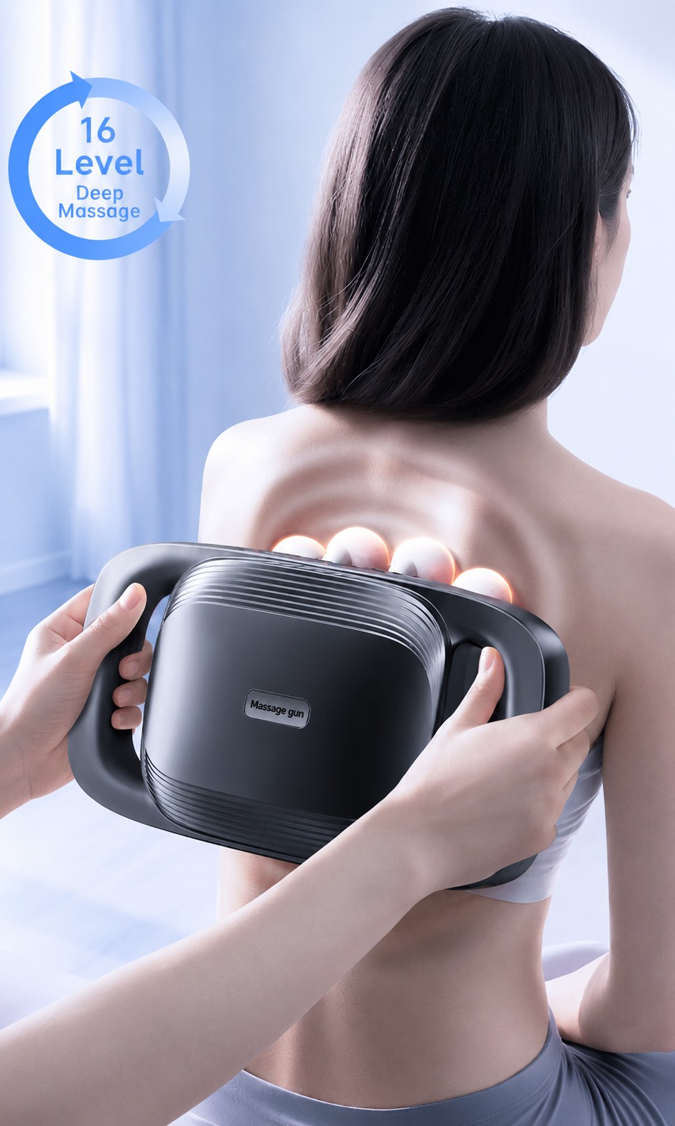 the model is using a 16 head massage gun to relieve at home 